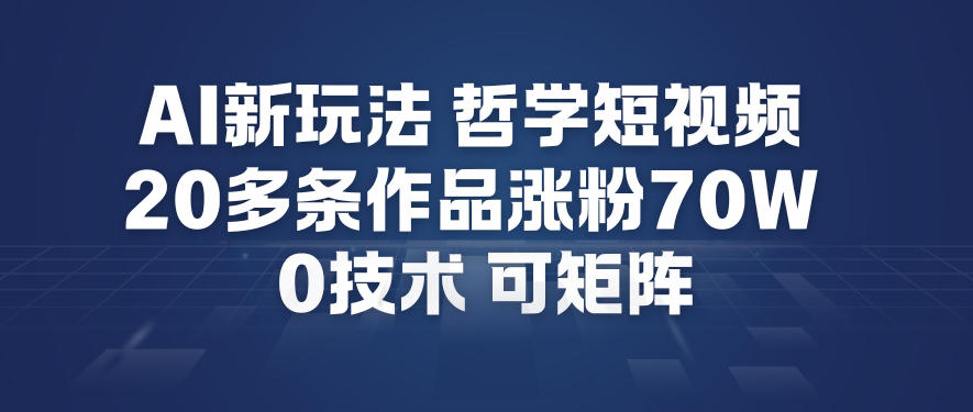AI新玩法哲学短视频制作教学，20多条作品涨粉70W，0成本赛道，可矩阵-南友云赚