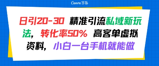 日引 20-30 精准引流私域新玩法，转化率50% 高客单虚拟资料，小白一台手机就能做-南友云赚