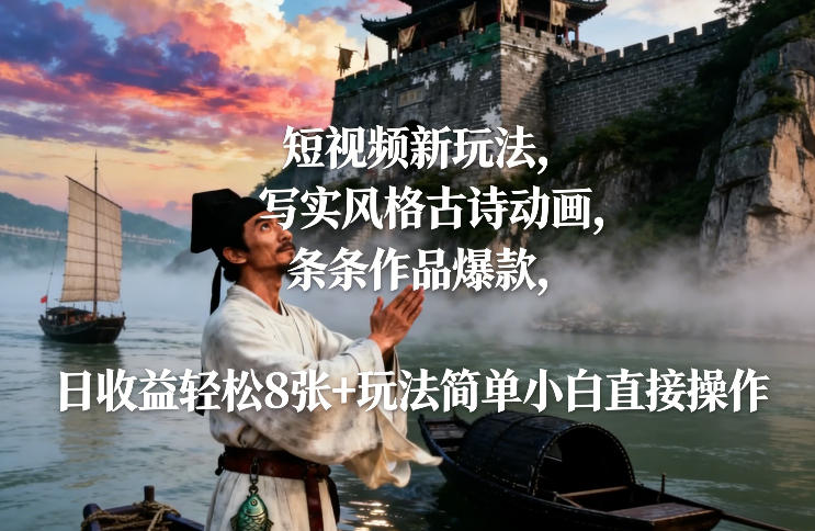 短视频新玩法，写实风格古诗动画，条条作品爆款，日收益轻松8张+玩法简单小白直接操作-南友云赚