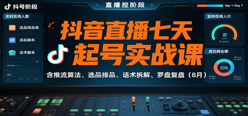 抖音直播七天起号实战课：含推流算法、选品排品、话术拆解、罗盘复盘(8月)-南友云赚