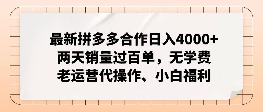 最新拼多多合作日入4000+两天销量过百单，无学费、老运营代操作、小白福利-南友云赚