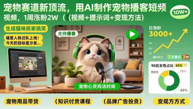 宠物赛道新顶流，用AI制作宠物播客短视频，1周涨粉2W(视频+提示词+变现方法)-南友云赚