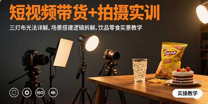 短视频带货+拍摄实训：三灯布光法详解,场景搭建逻辑拆解,饮品零食实景教学-南友云赚