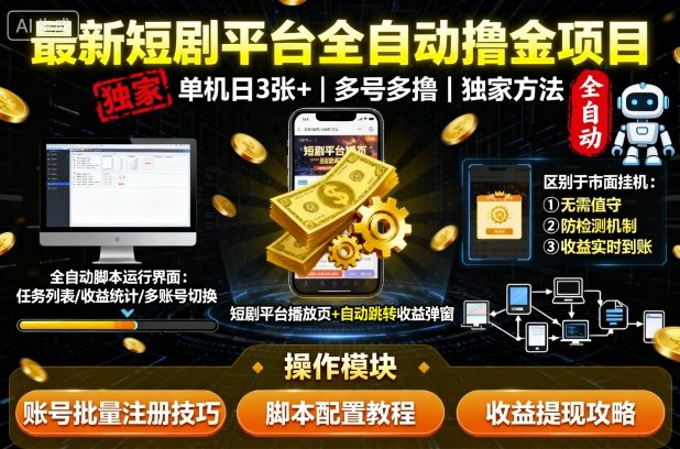 最新短剧平台全自动挂G撸金项目，单机一天3张+，多号多撸，区别于市面所有挂机项目，独家方法【揭秘】-南友云赚