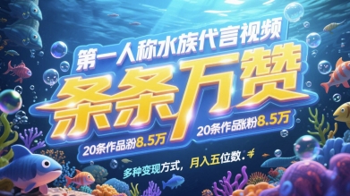 第一人称水族代言视频，条条万赞，20条作品涨粉7.8W，多种变现方式月入五位数-南友云赚